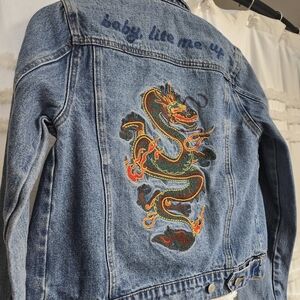 Honey Punch Dragon Embroidered Jean Jacket. Final Price
